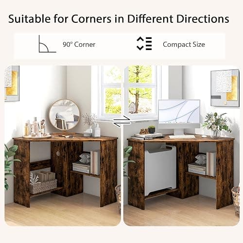 Tangkula Corner Desk, 90 Degrees Triangle Computer Desk for Small Space, Bedroom Makeup Vanity Desk with Storage Shelves & CPU Stand, Space Saving thumbnail 6