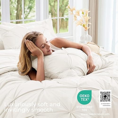 Sasttie Queen Comforter Set, 7-Piece Bed in a Bag, Pintuck Bedding Sets for All Season, Includes Comforter, Flat Sheet, Fitted Sheet, Pillowcases and Pillowshams, Ivory thumbnail 3