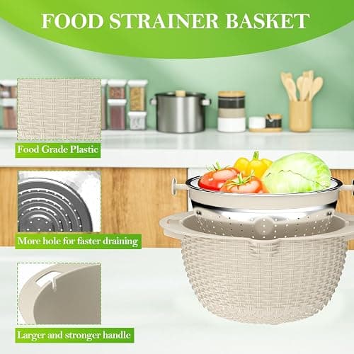 4-1 Colander with Bowl Set - Rotatable Strainers for Kitchen, Food Strainers and Colanders, Funny Presents for Women, Fruit Cleaner, Veggie Wash, Aesthetic Kitchen Gadget Essentials - Beige thumbnail 4