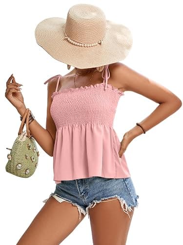 LYANER Women's Cute Summer Tops Tie Shoulder Shirred Ruffle Hem Sleeveless Sexy Cami Blouse Peplum Top thumbnail 4