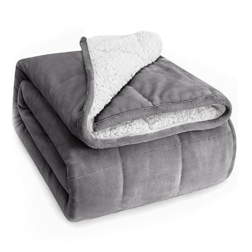 Wemore Sherpa Fleece Weighted Blanket for Adult, 15 lbs Dual Sided Cozy Fluffy Heavy Blanket, Ultra Fuzzy Throw Blanket with Soft Plush Flannel Top, 60 x 80 inches, Grey and White - Image 1
