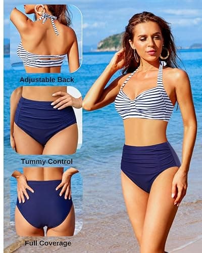 Holipick Women High Waisted Bikini Set Two Piece Swimsuit Tummy Control Bathing Suit Vintage Halter Swimwear thumbnail 4