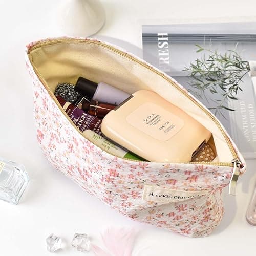 Aesthetic Makeup Bag Cotton, Quilted Floral Make up Bags, Travel Toiletry Bag Women, Daily Use Cosmetic Bags for Girls, Pink Makeup Bag for Purse, Cosmetics Organizer Pouch thumbnail 6
