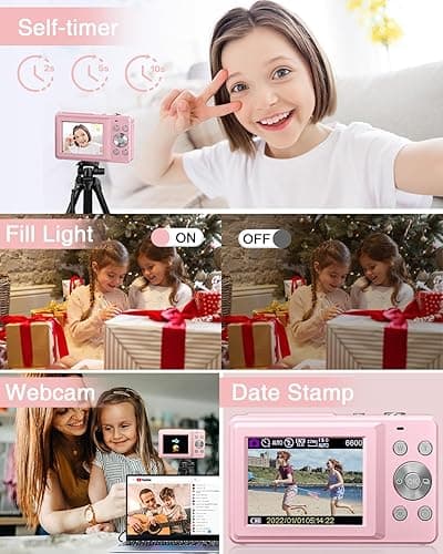 Digital Camera, FHD 1080P Point and Shoot Kids Camera, with 32GB Card, 2 Batteries, 16X Zoom Anti Shake Date Stamp, Compact Portable Small, for Starter Kid Children Teen Student Girl Boy(Pink) - Pink thumbnail 6