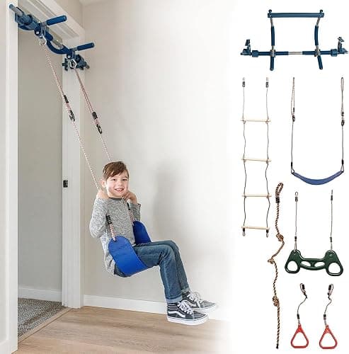 Gym1 6-Piece Doorway Gym Indoor Playground - 6-Piece, Blue - Indoor Playset with Sensory Swing, Pull-Up Bar & Rings, Trapeze, Ladder & Knotted Rope - Image 1