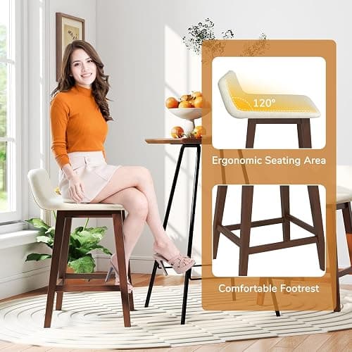 Giantex 24" Bar Stools Set of 4, Upholstered Counter Height Barstools with Low Back, Footrest, Armless Wood Bar Chairs for Kitchen Island, Dining Room, Brown & Beige thumbnail 6