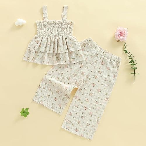 Hibabying Toddler Baby Girl Clothes Sleeveless Smocked Ruffle Tank Tops and Long Pants Summer Little Girls Outfits thumbnail 5