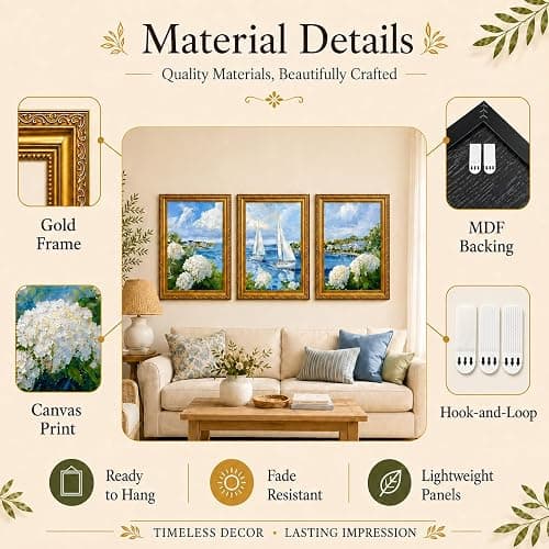 3 Piece Coastal Sailboat Wall Art, Vintage Gold Framed Decor, 12x16 inch | Coastal sailboat and hydrangea wall art set in vintage gold frames for living room, bedroom, bathroom, and office wall art thumbnail 7