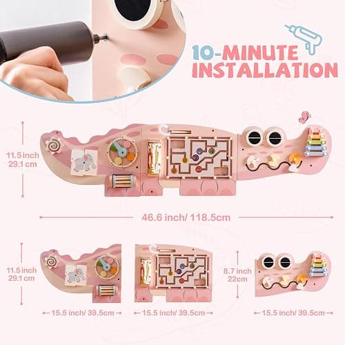 ROBOTIME Crocodile Busy Board Wall Panels for Toddlers, Pink Montessori Sensory Activity Board, Montessori Sensory Wall-Mounted Learning Center Toy for Kids Room, Educational Toys for Boys & Girls thumbnail 6
