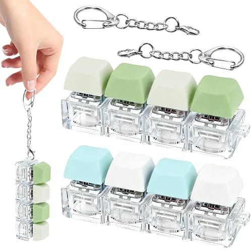 2 PCS 4-in-1 Keyboard Fidget Toy Keychain, Finger Clicky Button Toy Stress Relief Keychain with Swappable Keycaps, Mini Mechanical Key Fidget for Office Desk Focus Gifts (Green Blue White) - Image 1