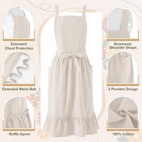Cotwinter 100% Cotton Aprons with Pockets Pinafore Dress for Women Vintage Cute Aprons for Kitchen Baking Gardening Painting thumbnail 3