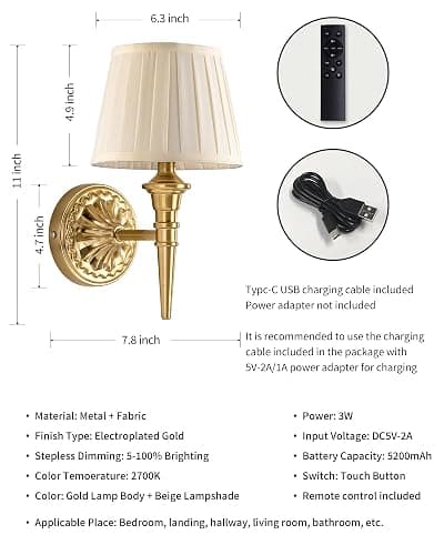 KDG Cordless Wall Sconces Set of 2, Small Wireless 5200mAh Rechargeable Battery Fabric LED Wall Lamps, Portables Lightings for Wall Painting, Living Room, Bedroom, Hallway, Gifts, Night Light (Gold) thumbnail 5