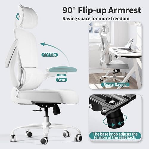 TRALT Office Chair Ergonomic Desk Chair, 330 LBS Home Mesh Office Desk Chairs with Wheels, Comfortable Gaming Chair, High Back Office Chair for Long Hours (White White) thumbnail 3