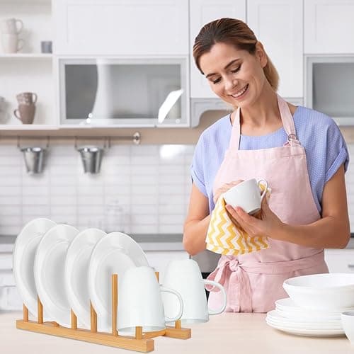 SAMEBUTECO Bamboo Wooden Dish Racks Plate Stand Holder Vertical Drainer Kitchen Cabinet Organizer for Dish, Pots, Lids, Bowls, Cups, and Cutting Boards and Books(2 Packs) thumbnail 2
