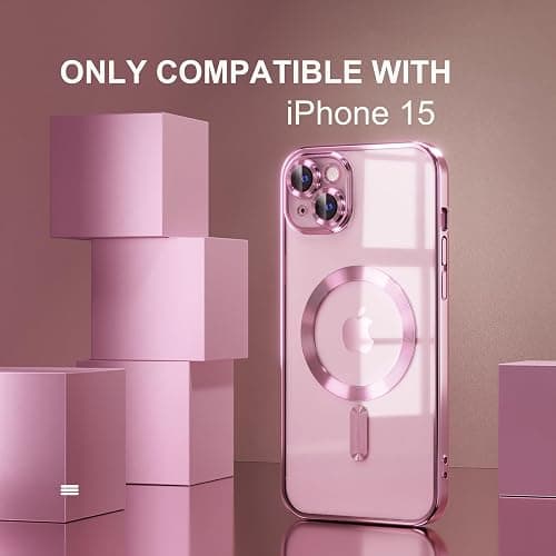 Misea Magnetic for iPhone 15 Case Compatible with MagSafe [Never Yellowing] [Military Grade Drop Protection] Full Camera Lens Protector Plating Soft Clear Phone Case for Women, Pink thumbnail 2