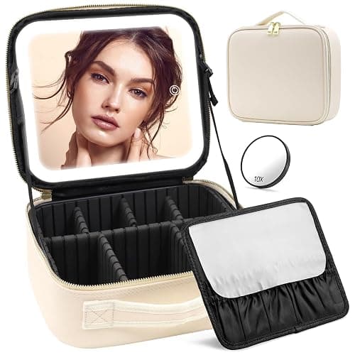 Jadazror Portable Travel Makeup Bag with Lighted Mirror, 3 Color Brightness, Beige - Image 1