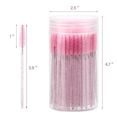 100 Pcs Disposable Mascara Wands, Crystal Eyebrow Spoolies Brush for Eyelash Extensions, Pink Lash Brushes with Container thumbnail 3