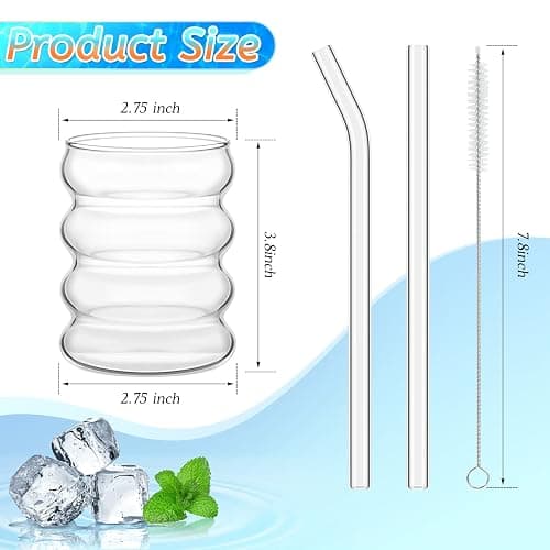 Tessco for you 4 Pcs Creative Glass Cups Vintage Drinking Glasses Ribbed Glassware Aesthetic Cup Entertainment Dinnerware Glassware with Straws Set for Kitchen Coffee Beverage(13.5 oz,Clear) thumbnail 3
