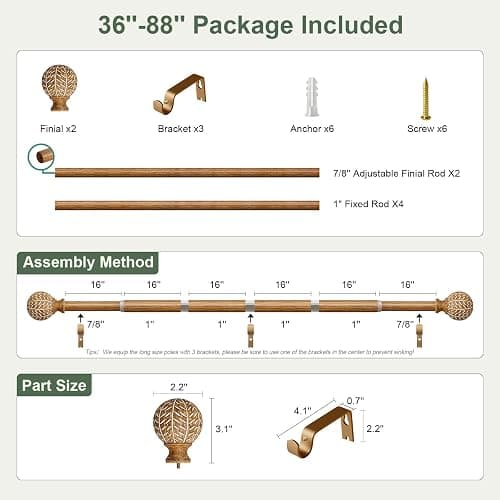 QDWIS Wood Curtain Rods for Windows 48 to 84 Inch,1'' Diameter Drapery Rods with Imitation Wood Grain Leaf Pattern Finials,Boho Adjustable Heavy Duty Curtain Rods Set,36-88'',Color:Natural Wood thumbnail 8
