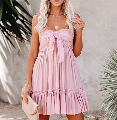 R.Vivimos Women's Summer Cotton Boho Beach Sleeveless Tie Front Mini Dress Tube Top Dress thumbnail 3