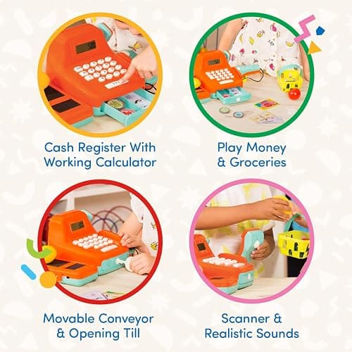 Battat - Interactive Kids Cash Register with Scanner & Sounds - 26-Piece Pretend Play Shopping Set with Light-Up Scanner, Play Money & Card - Educational Toy for Learning & Fun - Ages 3+ thumbnail 4
