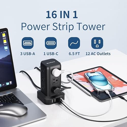 AnnTane Power Strip 6.5 FT Cord, Power Strip Tower with 4 USB Ports (1USB C), Extension Cord with 12 AC Multiple Outlets, Home Office Supplies Desk Accessories, Dorm Room Essentials thumbnail 2
