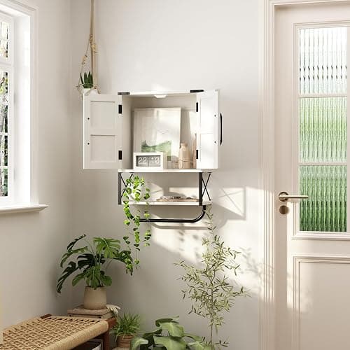 RUSTOWN Farmhouse Rustic Medicine Cabinet with Two Barn Door,Wood Wall Mounted Storage Cabinet with Adjustable Shelf and Towel Bar, 3-Tier Cabinet for Bathroom, Living Room(Vintage White) thumbnail 9
