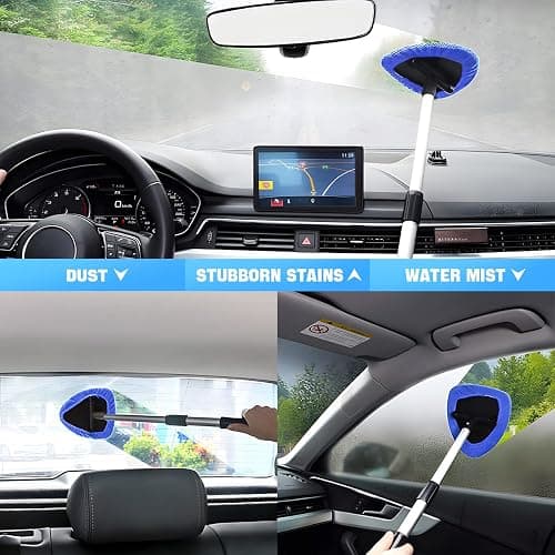 Windshield Cleaning Tool, Car Window Cleaner with Extendable Long Handle and 4 Washable Reusable Microfiber Pads, Auto Interior Exterior Glass Wiper Cleaning Kit Universal for Office and Home (Blue) thumbnail 5
