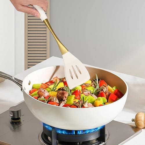 Elegant White Gold Silicone Cooking Utensils Set - Non-Toxic, Dishwasher Safe Kitchen Utensils Set with Heat Resistant Comfort Handles - Includes Spatula & Spoon for Nonstick Cookware thumbnail 5
