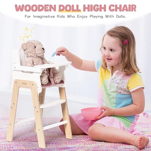 ROBUD Play High Chair, Pretend Play High Chair | with Cushion, Movable Table, Wooden Baby Doll Accessories, Fits 18-20 Inch Dolls, White thumbnail 7