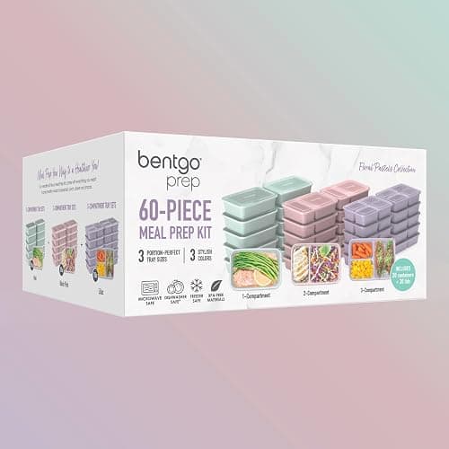 Bentgo Prep 60-Piece Meal Prep Kit - Reusable PFAS & BPA-Free Food Containers, 1-Compartment, 2-Compartment, & 3-Compartments - Microwave, Freezer, & Dishwasher Safe (Floral Pastels) thumbnail 8