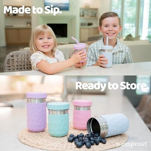 WeeSprout 2-in-1 Drinking Cups for Kids, Durable Stainless Steel Tumbler for Smoothies, Silicone Straws with Stoppers, Premium Plastic Twist Lids, Easy-Grip Sleeves, Set of 4 Dishwasher Safe Kid Cups thumbnail 5
