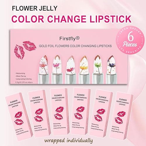firstfly Pack of 6 Crystal Flower Jelly Lipstick, Long Lasting Nutritious Lip Balm Lips Moisturizer Magic Temperature Color Change Lip Gloss (Pink) thumbnail 2