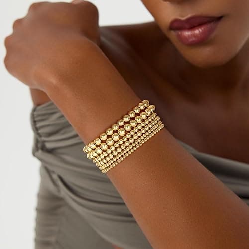 Eaciy Gold Bracelets for Women, 14K Gold Plated Beaded Bracelets Gold Strand Bead Ball Bracelet Stack Set Adjustable Bracelet Set Waterproof Jewelry for Women Gifts Non Tarnish - 03-6PCS thumbnail 2