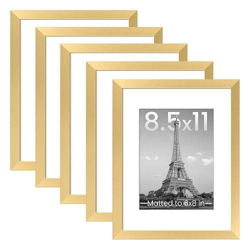 upsimples 8.5x11 Picture Frame Set of 5, Display Pictures 6x8 with Mat or 8.5 by 11 Without, Wall Gallery Photo Frames, Gold - Image 1