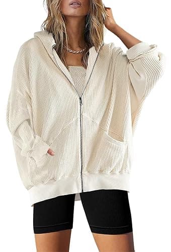 Womens Fashion Zip Up Hoodies Oversized Waffle Knit Jacket Shirts Long Sleeve Solid Shacket Blouse with Pockets - Image 1