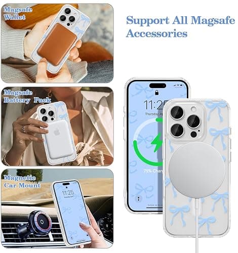 UEEBAI Magnetic for iPhone 16 Pro Max Case, Bow Case Compatible with MagSafe, Wireless Slim Clear Ribbon Aesthetic Phone Cover Anti-Yellowing Shockproof Protective Cover for Women Girl - Baby Blue thumbnail 2