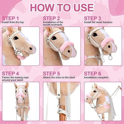 Shappy Hobby Horse Toy Accessories Realistic Horse Bridle with Metal Bit and Adjustable Reins, Faux Leather and Stainless Steel for Equestrian, Themed Events Competitions and Play (White, Pink) thumbnail 4