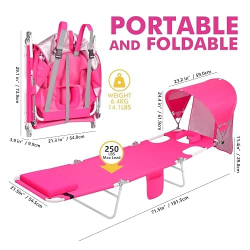 Backpack Beach Tanning Chair with Canopy Sun Shade & Face Hole, 6 Position Folding Lounge Sun Chair for Adults Outside Reading Sunbathing Poolside Camping Lawn, UPF 50+, Pink, Patent Design thumbnail 2