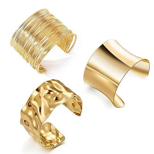 Abiotp 3PCS Gold Chunky Cuff Bracelets for Women Irregular Minimalist Statement Bangle Bracelets Set Open Wide Bangle Arm Cuff Upper Arm Punk Jewelry - Image 1