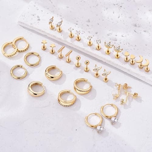 14K Gold Plated Flat Back Earrings & Hoops Set - 16 Pairs Hypoallergenic Cartilage Studs & Mini Hoops for Women | Threadless Push-in Design, Tiny Star, Moon, Heart, CZ Studs & Chunky Hoops thumbnail 7