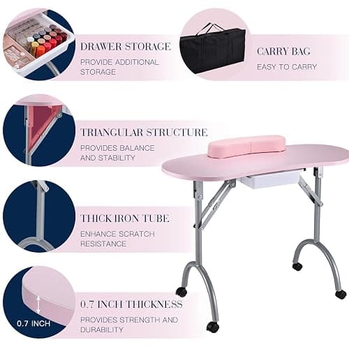 Joligrace Professional Foldable & Portable Manicure Table Nail Technician Desk Workstation 4 Lockable Wheels with Drawer Client Wrist Pad Free Carrying Bag Travel Nail Tech Spa Beauty Table Pink thumbnail 5