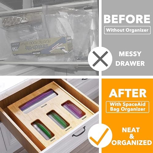 SpaceAid Bag Storage Organizer for Kitchen Drawer, Bamboo Organizer, Compatible with Gallon, Quart, Sandwich and Snack Variety Size Bag (1 Box 4 Slots) thumbnail 3