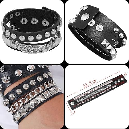 4 Pcs Leather Studded Bracelets for Women, Mens Spiked Punk Rock Grunge Cuff Wristbands Emo Accessories Set for 80s 90s Outfits thumbnail 5