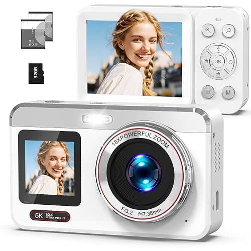 Hoorola Digital Camera, 5K Vlogging Camera for Photography, 80MP Dual Screen Point and Shoot Digital Camera with Auto Focus, 18X Zoom, Flash, 2 Batteries, 32GB Card for Teens and Adults (White) - Image 1