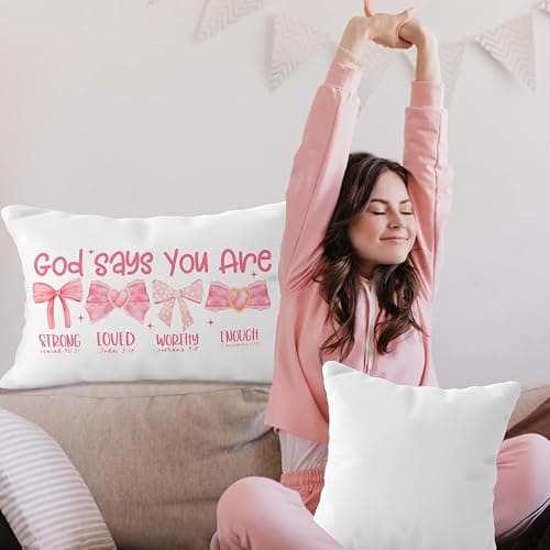 YeiHe Pink Bow Coquette Christian Pillow Covers 12x20, Pink Coquette Room Decor, Girly Bedroom Decor, God Says You are Affirmation Bible Verse Pillow Covers, Christian Gifts for Women Teen Girls thumbnail 2