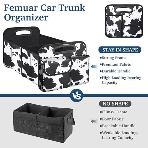 Femuar Car Trunk Organizer, Cow Print, Vintage Style, 52L Capacity, 4 Compartments, Waterproof, Non-Slip, Collapsible, 22.5"D x 18"W x 10.8"H thumbnail 3