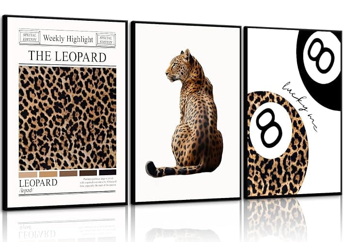 3 pcs Trendy Leopard Canvas Wall Art Funky Lucky 8 Ball painting picture Stylish Female Aesthetic wall decor Preppy Cheetah poster print Artwork for Girly Bedroom Apartment Dorm 12x16in Unframed - Image 1