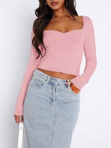 ForeFair Women's Sexy Long Sleeve Going Out Tops Pleated Bustier Shirt Cute Sweetheart Neck Y2K Cropped Top thumbnail 2