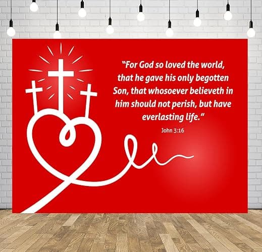 BELECO 5x3ft Fabric Christian Love Backdrop Valentine's Day John 3:16 Christian Scripture with Heart and Cross on Red Background Valentines Day Decorations Church Decor Banner Photo Props thumbnail 3